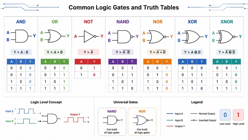 Common logic gate symbols and truth table concept for AND OR NOT NAND NOR XOR and XNOR gates
