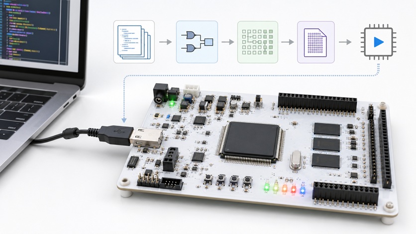 FPGA development board connected to PC showing HDL design synthesis bitstream and programming flow