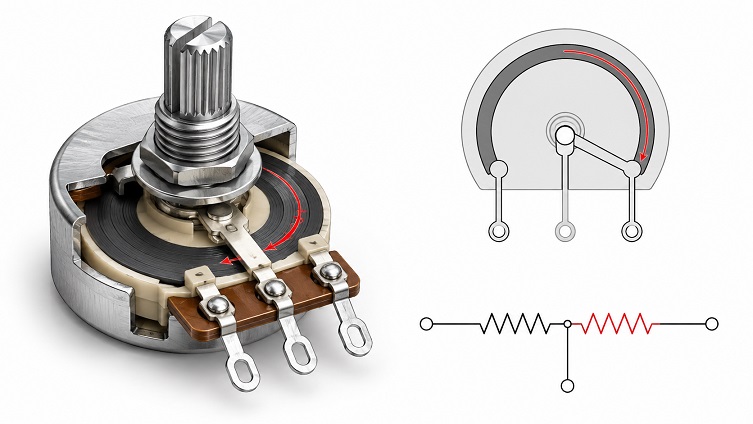 Potentiometer internal structure showing resistive track wiper and three terminals