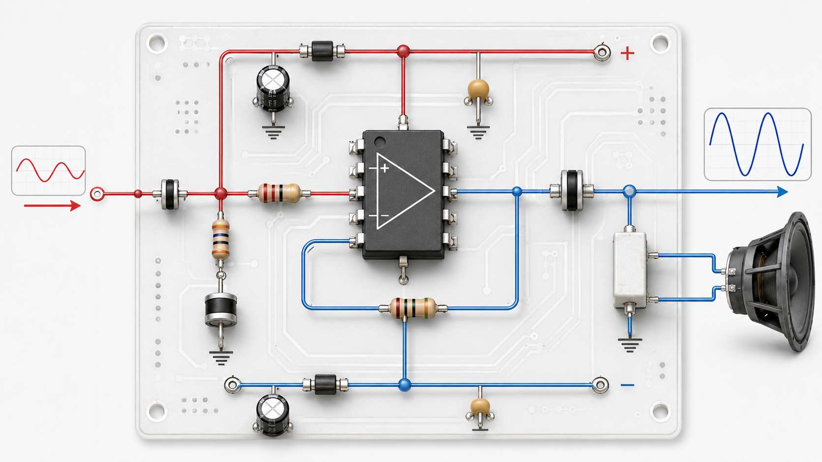 Amplifier signal flow showing input signal, power supply, feedback loop and larger output signal driving a load