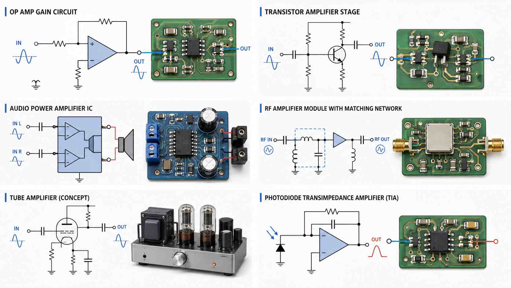 Amplifier types and circuit examples including op amp, transistor, audio power, RF, tube and transimpedance amplifier circuits