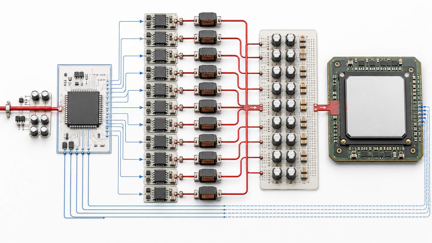 12-phase ASIC core power supply architecture with PMBus controller smart power stages inductors output capacitors remote sense and Vcore load