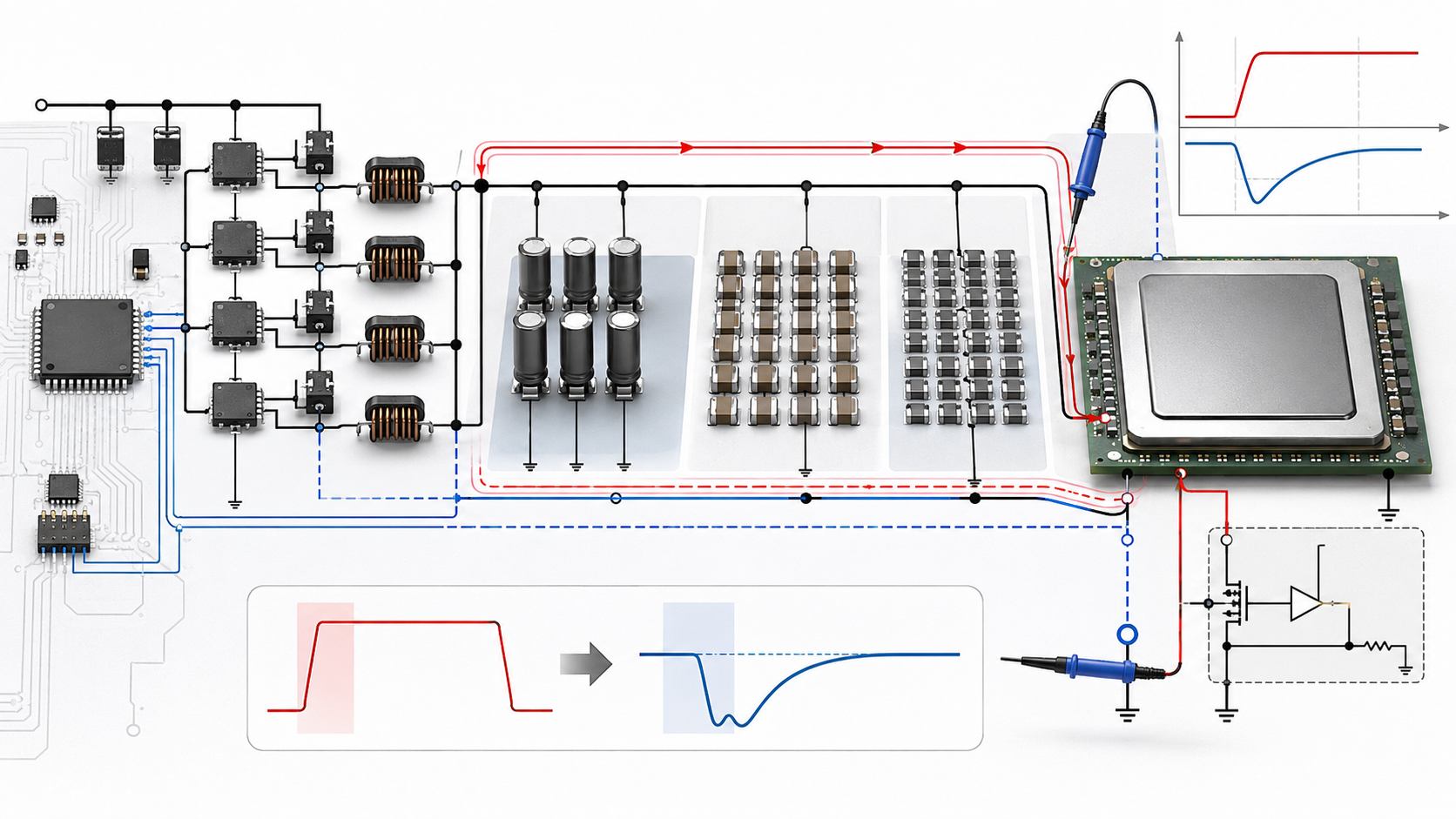 Dynamic load response testing for ASIC Vcore rail with multiphase buck converter output capacitor network remote sense and oscilloscope probing