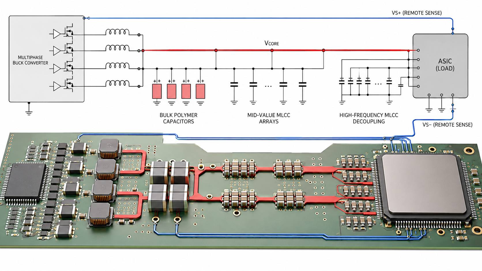 High-current ASIC Vcore output capacitor network with bulk capacitors polymer capacitors MLCC arrays power plane remote sense and ASIC-side decoupling