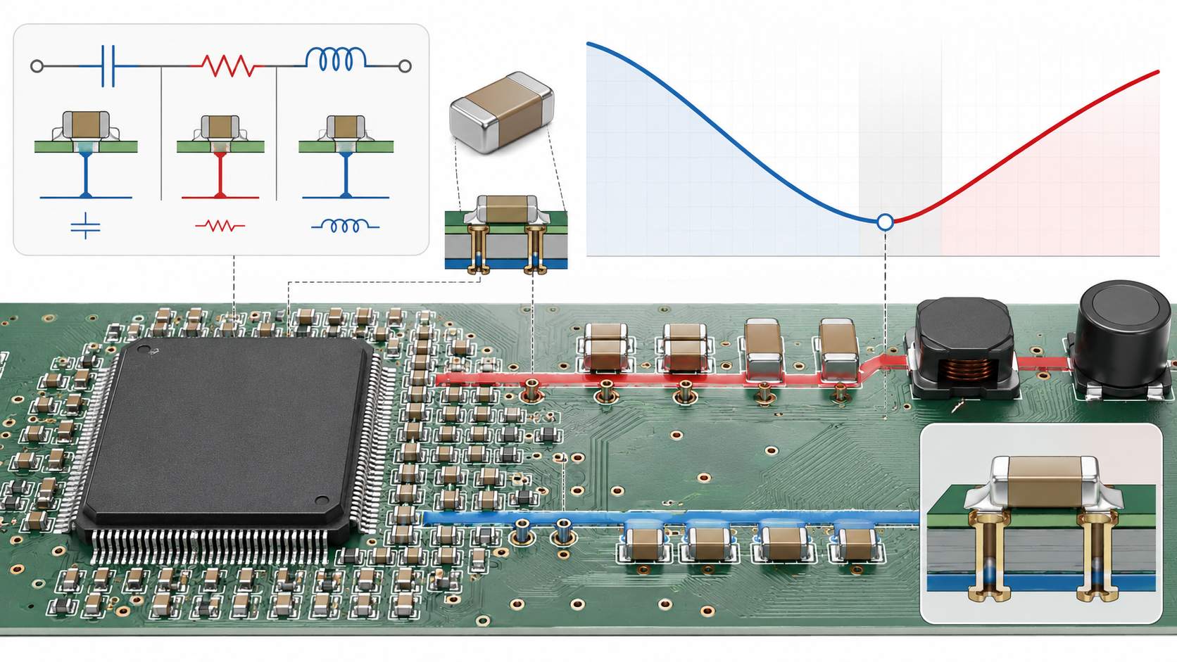 MLCC impedance concept for ASIC Vcore decoupling showing capacitance ESR ESL self resonant frequency mounting vias and multiple capacitor sizes