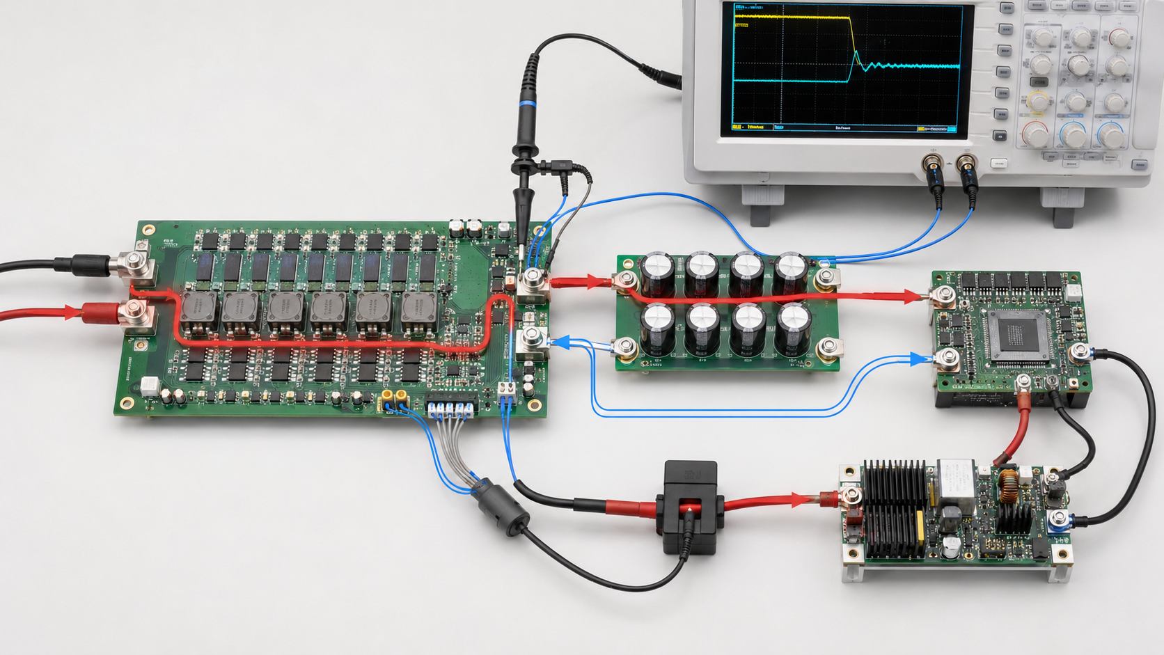 Dynamic load response test setup for low-voltage high-current buck converter with ASIC Vcore rail output capacitors oscilloscope probing and remote sense