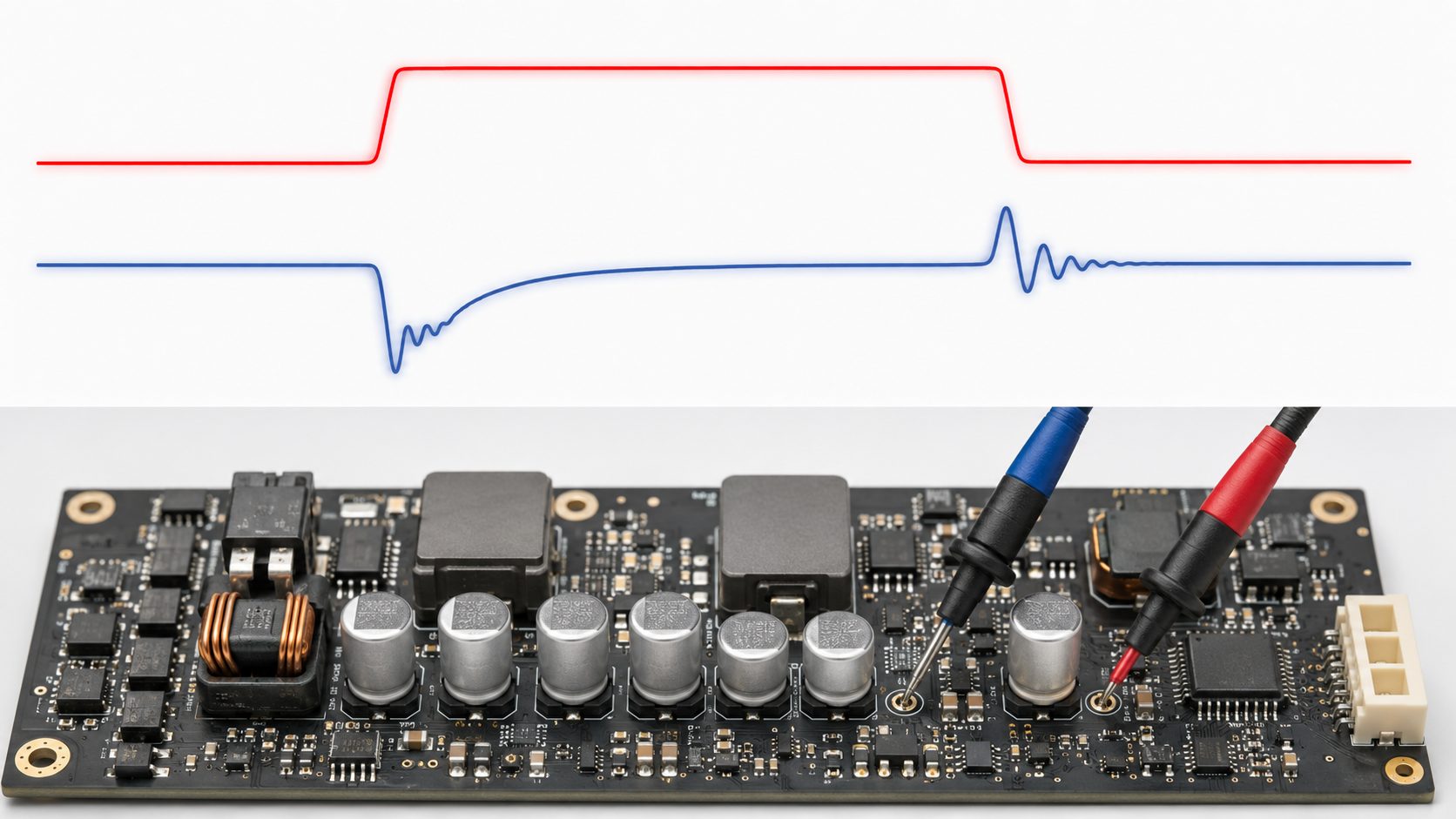 Load step waveform interpretation for high-current buck converter showing current step Vcore undershoot overshoot recovery time ringing and settling behavior
