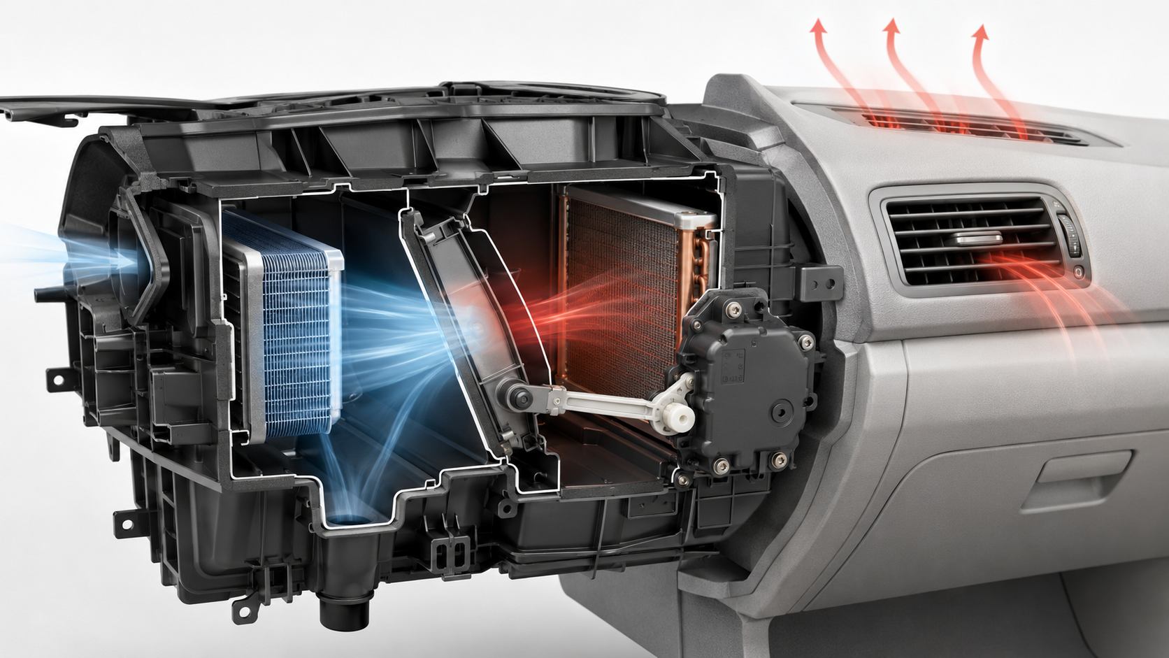 Blend door actuator mounted on automotive HVAC air box behind dashboard with heater core evaporator and air mixing door