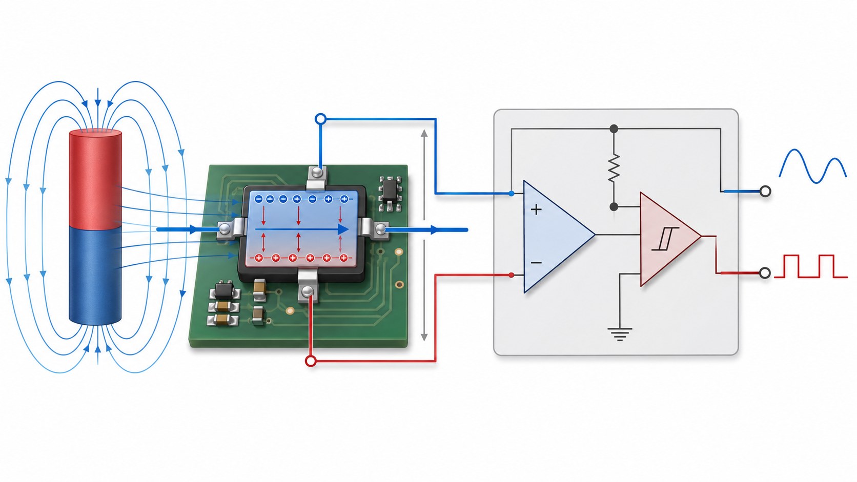 Hall effect sensor working principle showing current biased Hall plate magnetic field Hall voltage amplifier comparator and output signal