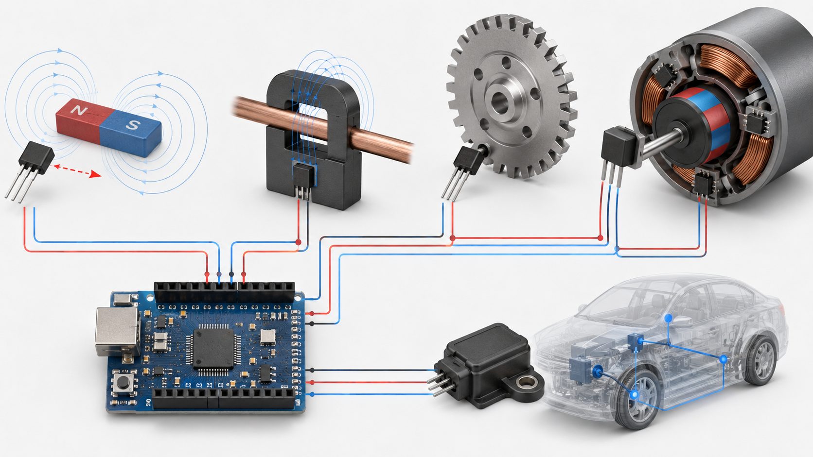 Hall effect sensor applications including current sensing speed detection magnet proximity BLDC motor position Arduino input and automotive sensing
