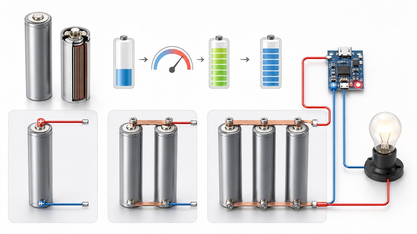 18650 battery voltage capacity and pack configuration showing single cell series parallel battery pack charger and load
