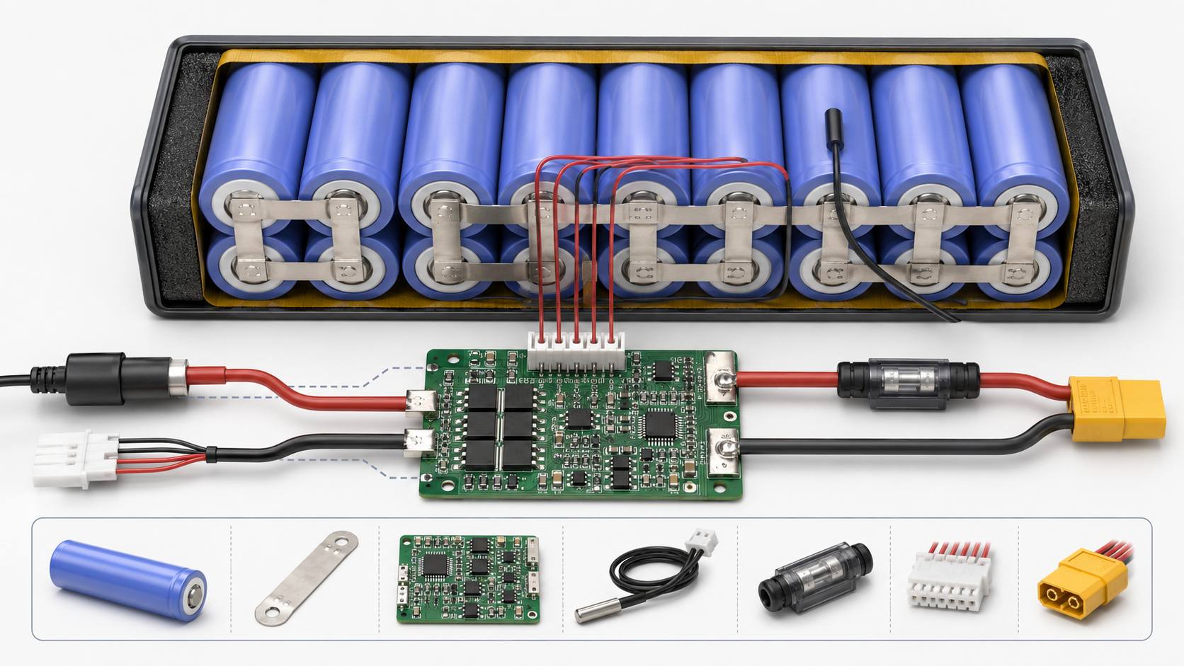 18650 battery pack design showing series parallel cells BMS protection balancing temperature sensing charger and load