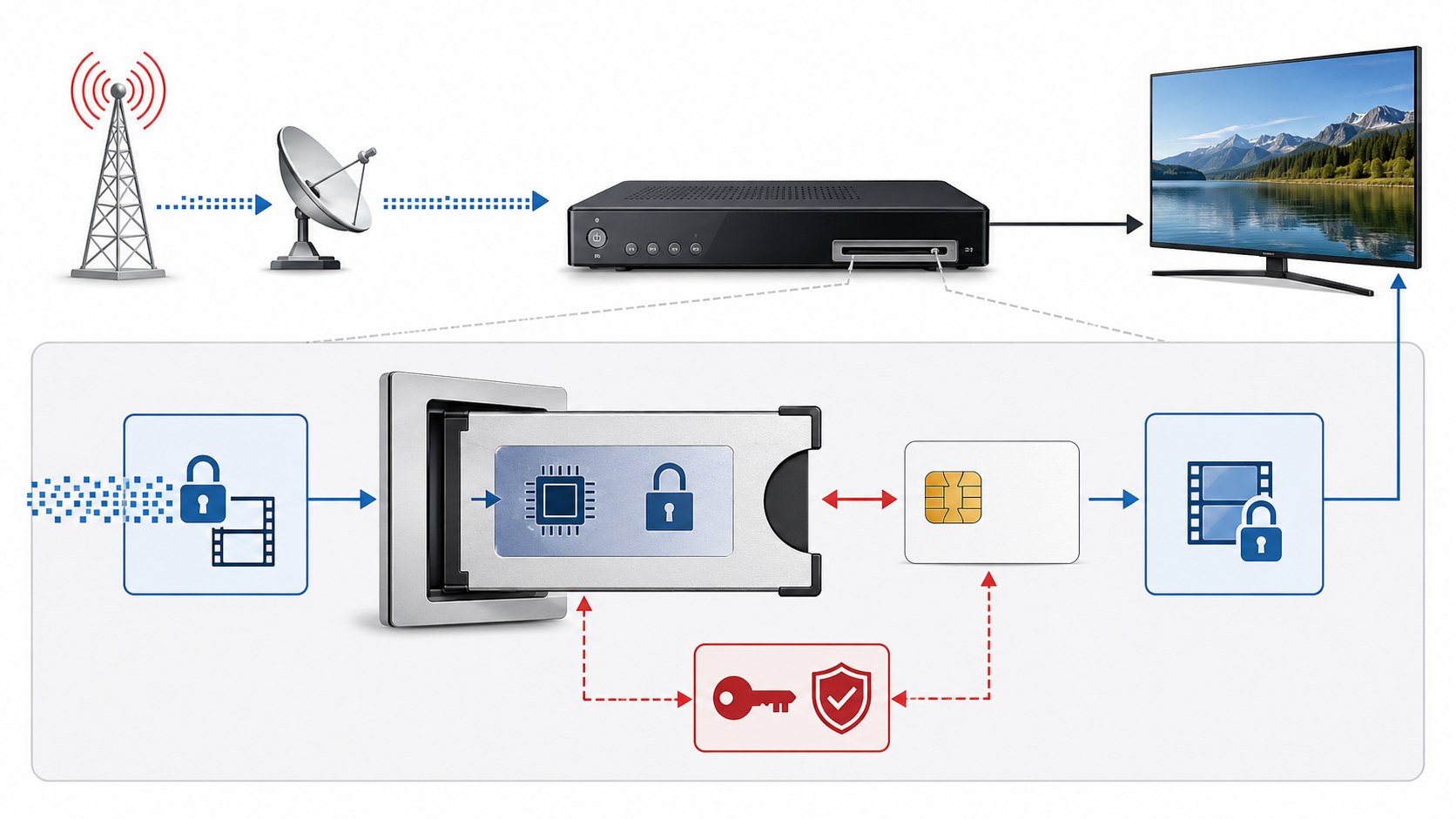 Conditional access module workflow showing DVB broadcast stream TV host CI Plus interface CAM smart card authorization and protected content return path