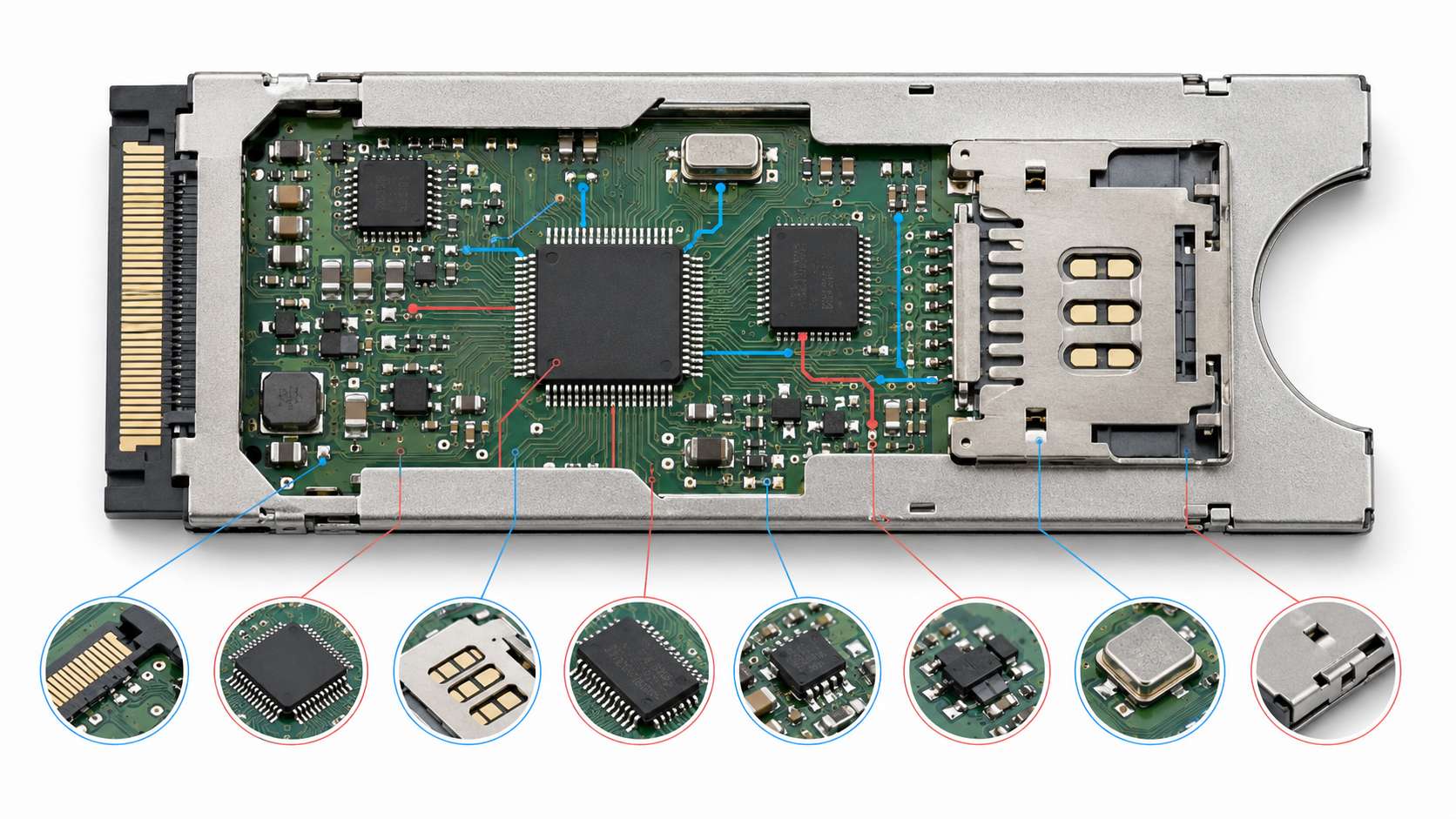 Conditional access module internal components showing secure microcontroller smart card interface memory power management ESD protection clock connector and shielding