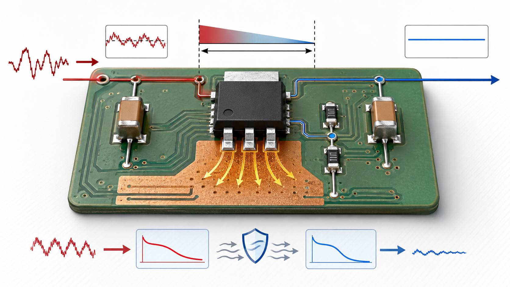 LDO regulator circuit showing input capacitor output capacitor adjustable feedback resistors dropout voltage heat path PSRR ripple rejection and load rail