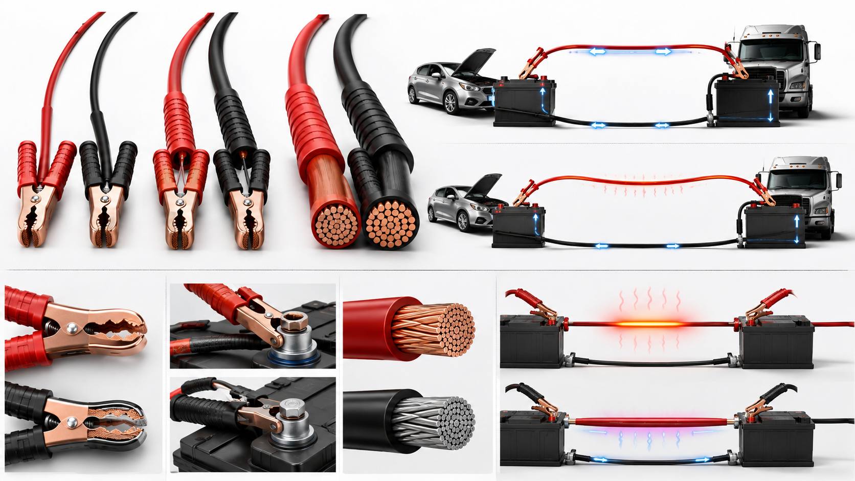 Jumper cable selection showing cable gauge length copper conductor insulated clamps battery terminals voltage drop and vehicle jump start safety checks