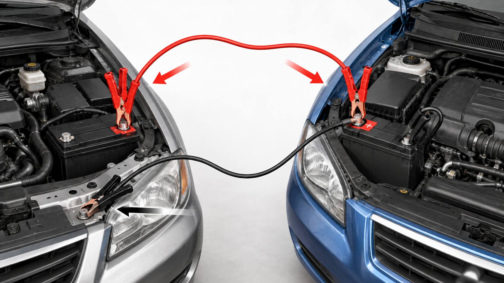 How to connect jumper cables safely showing red positive clamps black negative clamp to donor battery and final ground connection on disabled vehicle