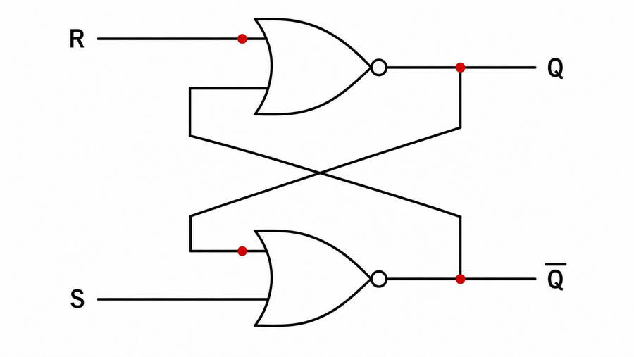 Active-HIGH SR latch made from two cross-coupled NOR gates with S, R, Q and Q-bar feedback connections.