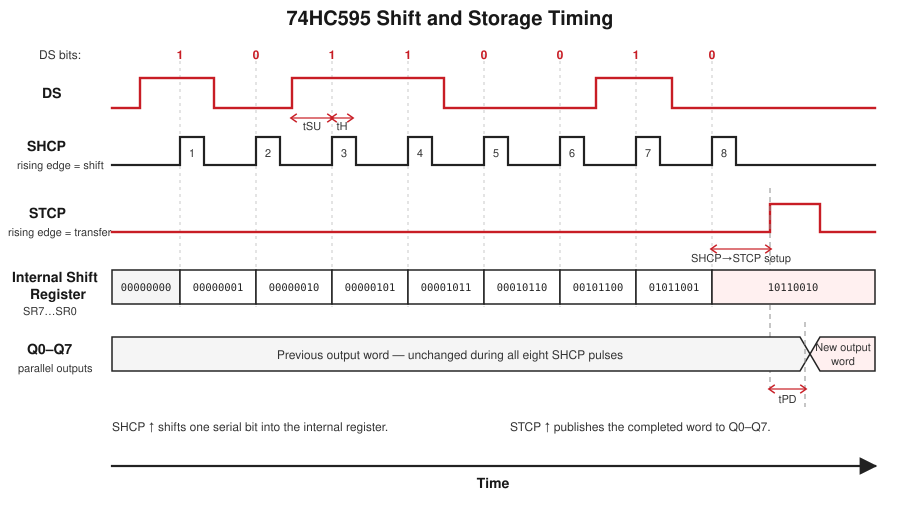 74HC595 timing diagram showing serial data sampled on eight SHCP rising edges, Q0 through Q7 remaining stable during shifting, and all parallel outputs updating after the STCP rising edge.