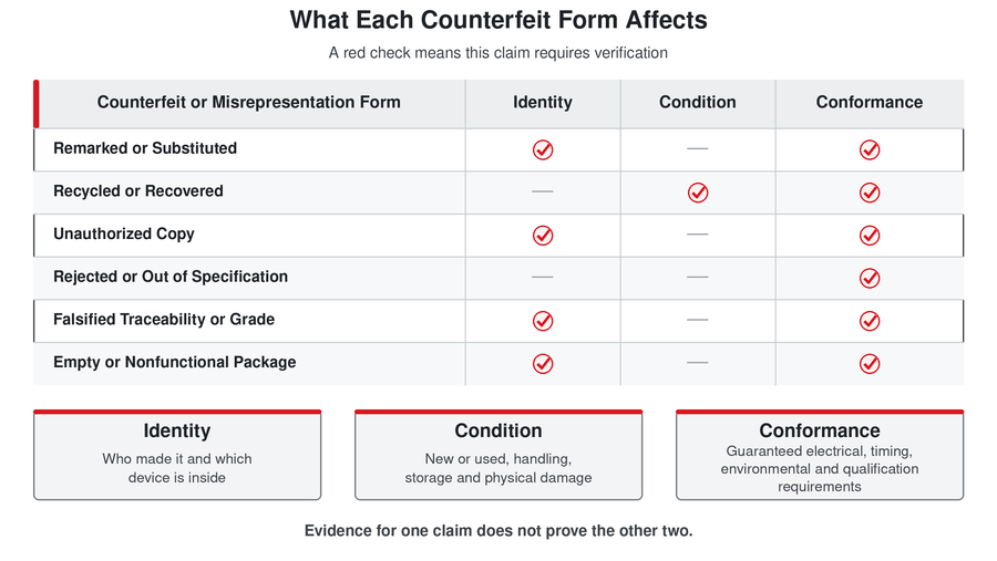 Classification of counterfeit electronic components showing remarked, recycled, cloned, rejected and falsified-traceability parts alongside identity, condition and conformance evidence.